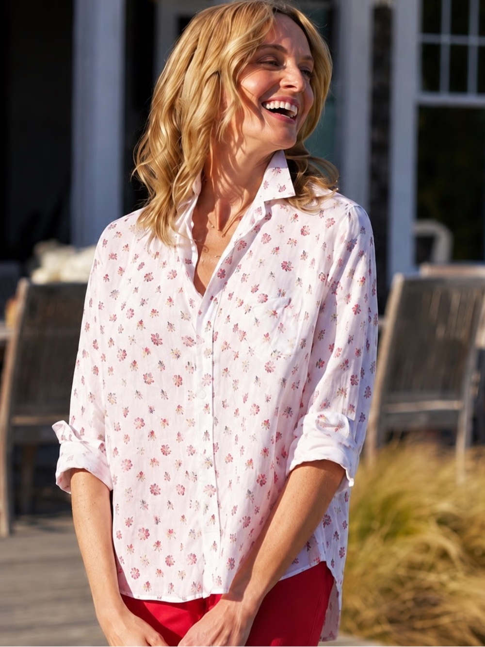 Frank & Eileen || Eileen Floral Linen Button Down Shirt Top White Pink XXS